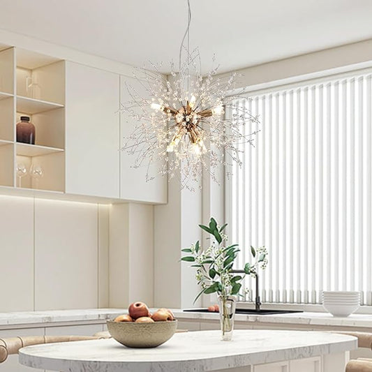 Small Crystal Chandelier, 8-Light Modern Sputnik Hanging Light Fixtures in Gold, Round Dandelion Pendant Lighting for Kitchen Island Bedroom Bathroom Entryway Dining Room (Gold, D15.7inch)