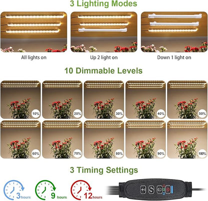 8.6'' LED Grow Light Strips, Full Spectrum 3500K Grow Lights for Indoor Plants, 3 Head with 3/9/12H Timer, 10 Dimmable Levels, Suitable for Seedling, Succulent, Plant Shelf and Greenhouse, 2-Pack