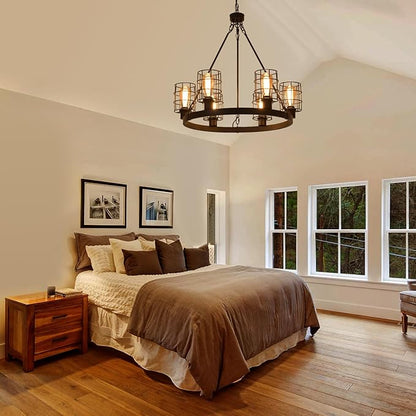 Wagon Wheel Chandelier Modern Farmhouse Pendant Light,Black Farmhouse Chandelier, 6-Light Wagon Wheel Chandelier with Adjustable Height, Dining Room Light Fixture, Hanging Lights