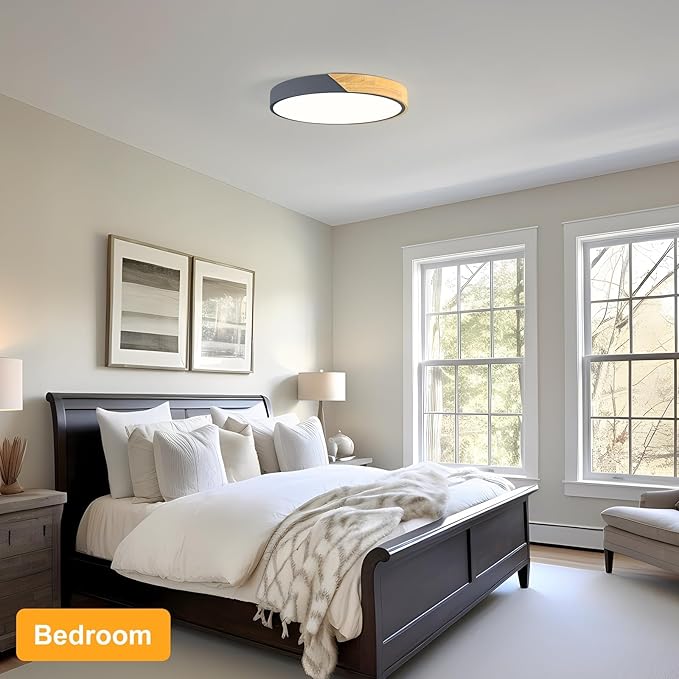 Modern LED Ceiling Light, Minimalist Wood Flush Mount Ceiling Light Fixture, 4000K Not Dimmable, Circle Lighting Lamp with Acrylic Lampshade for Bedroom Dining Room Laundry (Grey, 15.8'')