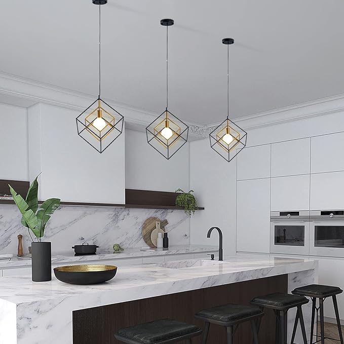 Modern Geometric Chandelier, 1-Light Metal Pendant Light Fixture Black Brass Hanging Ceiling Light Industrial Farmhouse Cube Lighting for Kitchen Island Entryway, E26 Base