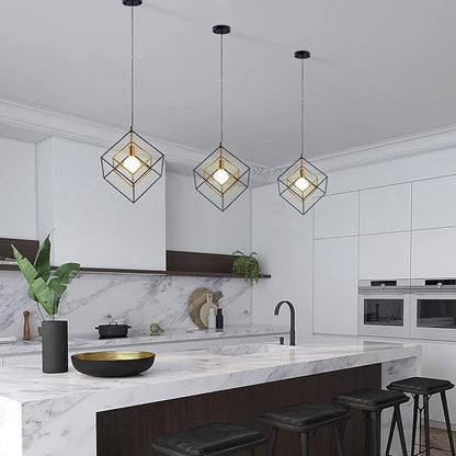 Modern Geometric Chandelier, 1-Light Metal Pendant Light Fixture Black Brass Hanging Ceiling Light Industrial Farmhouse Cube Lighting for Kitchen Island Entryway, E26 Base
