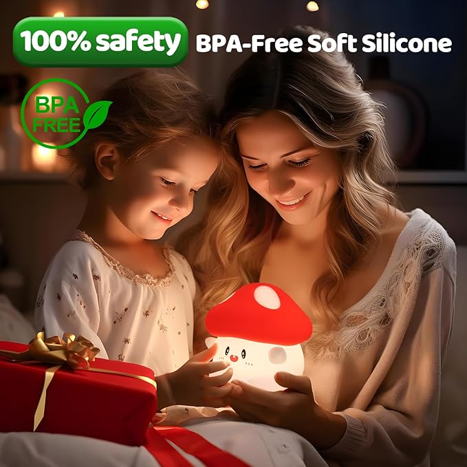 Mushroom Night Light, Squishy Silicone Lamp - Tap Control 2 Brightness, 50H Battery & Auto Timer, Cute Mothers Day Gifts for Kids, Bedside Nursery Desk Mushroom Decor