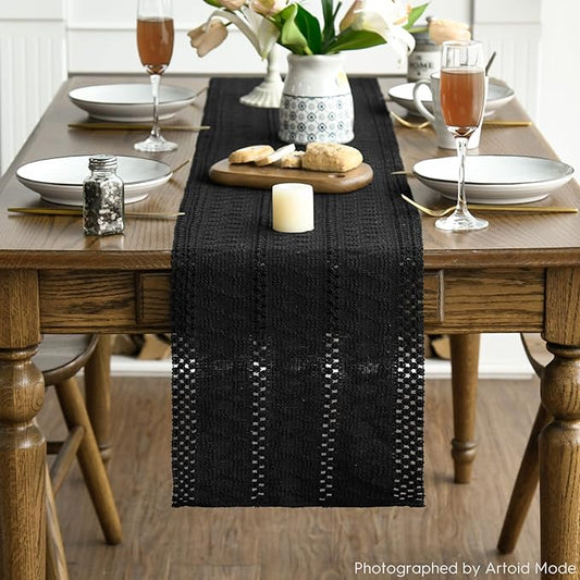Artoid Mode Black Farmhouse Woven Rustic Hollow Table Runner, Seasonal Holiday Hollow Kitchen Dining Table Decoration for Home Party Decor 12x120 Inch