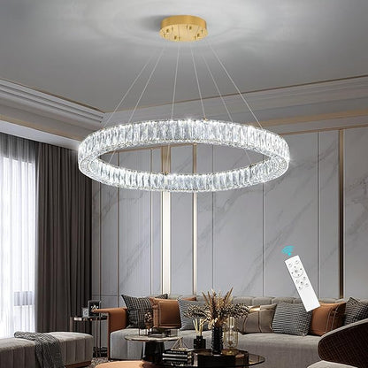 HAIXIANG Modern Crystal Chandelier Dimmable LED Ring Pendant Chandeliers Light Adjustable Glam Hanging Lighting Fixtures for Dining Room Living Room Bedroom Gold Light
