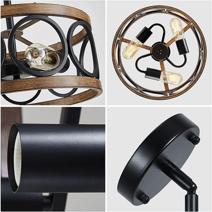XINGQI Farmhouse Drum Pendant Light Modern 3-Light 13" Chandeliers for Dining Room, Vintage Retro Metal Hanging Light Fixtures for Entryway, Bedroom, Matte Black + Wood Grain Finish