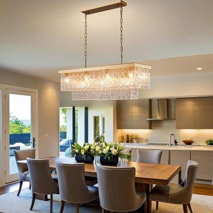 35.4 Inch 11-Light E12 Modern Dining Room Chandelier, Kitchen Island Chandelier Gold Rectangular, Water Ripple Glass Adjustable Hanging Ceiling Light Fixture