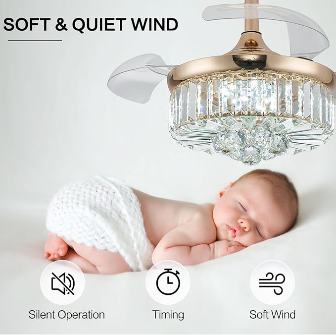 DuMaiWay 30" Golden Chandelier Ceiling Fan with Light Crystal Modern Fandelier Reversible Ceiling Fan Dimmable Retractable Timer for Dining Living Room Bedroom