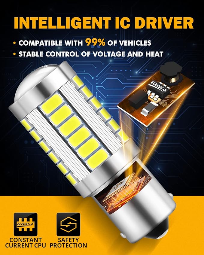 Auxbeam 1156 LED Bulbs for Backup Reverse Lights, Super Bright 6500K White P21W BA15S Bulbs for Car, 3030 33-SMD Chipsets Bulb with Projector, Pack of 2 (May Need Resistors)