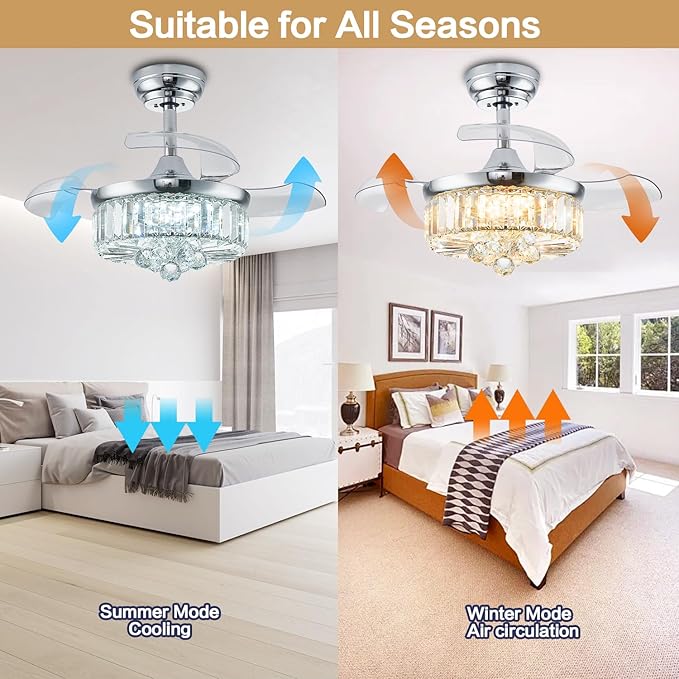 DuMaiWay 30" Chandelier Ceiling Fan with Light Crystal Modern Fandelier Reversible Ceiling Fan Dimmable Retractable Timer for Bedroom Dining Living Room Silver Chrome