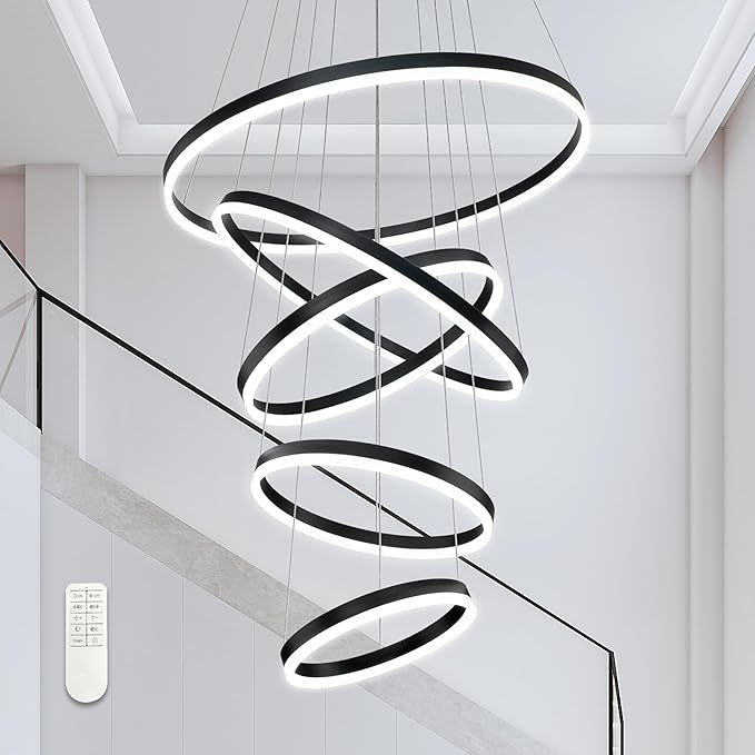 5 Rings Pendant Lights Modern Black Led Chandelier Black Modern Led Pendant Light Dimmable Height Adjustable Chandeliers for Dining Room Bedroom Entryway Living Room Foyer (3000K-6000K)