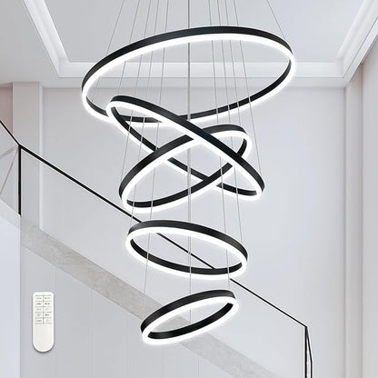 5 Rings Pendant Lights Modern Black Led Chandelier Black Modern Led Pendant Light Dimmable Height Adjustable Chandeliers for Dining Room Bedroom Entryway Living Room Foyer (3000K-6000K)