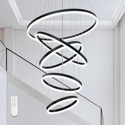 5 Rings Pendant Lights Modern Black Led Chandelier Black Modern Led Pendant Light Dimmable Height Adjustable Chandeliers for Dining Room Bedroom Entryway Living Room Foyer (3000K-6000K)
