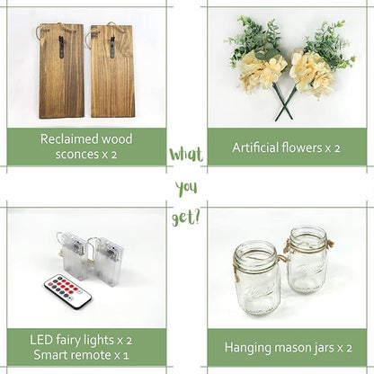 Farmhouse Wall Decor for Living Room Rustic Mason Jar Wall Sconces Set of 2 for Home Living Room Bedroom Decorations with Rose Bouquet Flowers and Remote LED Fairy Lights (Large Jacobean)