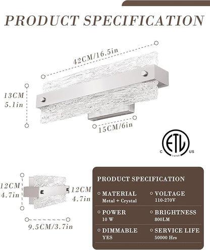 Brushed Nickel Bathroom Vanity Light, 16.5 Inch 10W Dimmable LED Bathroom Light Fixture Over Mirror, Modern Crystal Bar Wall Sconce Lighting for Bath, 3CCT, OS-MM5001-2BN