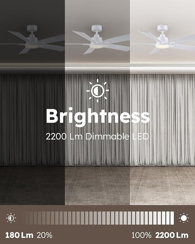 52 Inch Ceiling Fans with Lights and Remote, White Ceiling Fan, Downrod Style with 5 Blades, Modern Design For Indoor Bedroom Living Room/Outdoor, 6 Speed Reversible DC Motor, 3CCT Dimmable LED