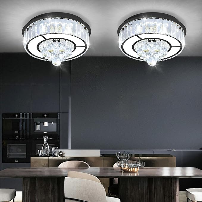 11.8" Black Modern Crystal Chandeliers for Dining Room LED Dimmable Light Fixtures Flush Mount Light Living Room Bedrooms