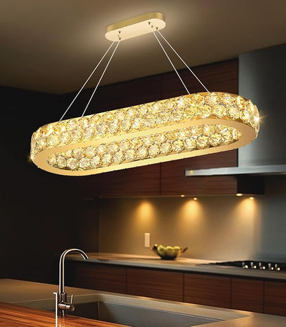 32'' Modern Oval Chandelier Crystal Chandeliers for Dining Room Round Ceiling Light Fixture for Living Room Lighting LED Dimmable with Remote Ring Lights Gold
