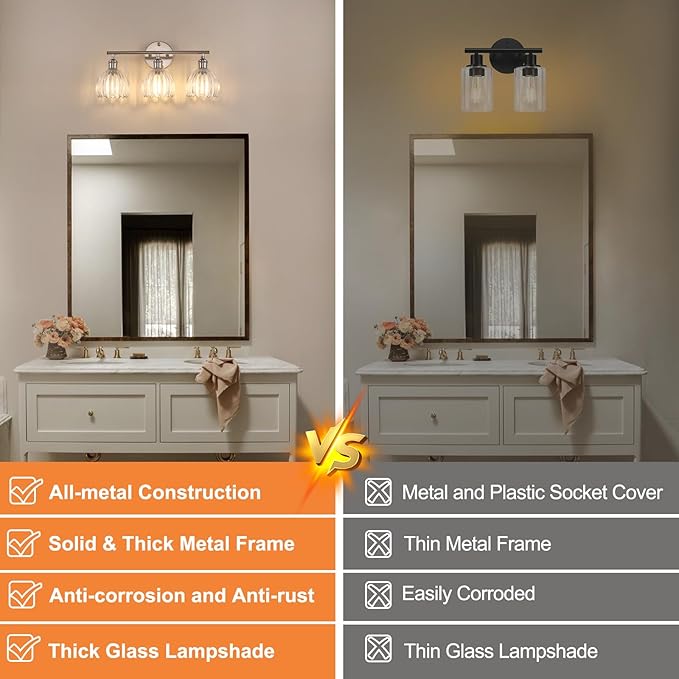 Shenmoyl Bathroom Light Fixtures, 3-Light Vanity wall Light Over Mirror with Clear Tulip Glass Shade for Bedroom Living Room (Bulb Not Included), Satin Nickel