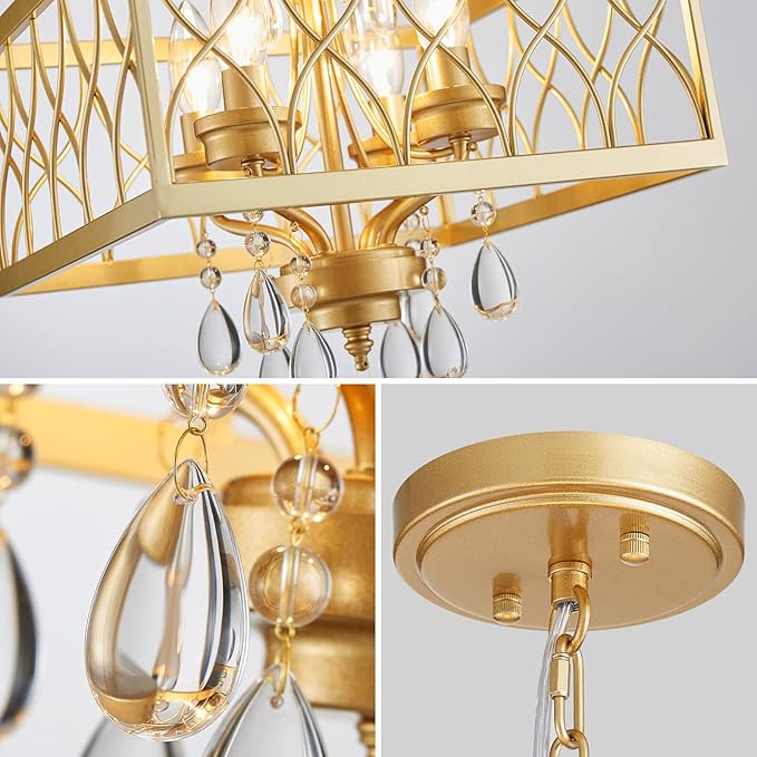 Farmhouse Crystal Chandelier Gold Modern K9 Crystal Ceiling Chandelier Lighting Fixture, Hanging Pendant Light Fixture, Kitchen Island Lighting for Dining Room Living Room Entryway Bedroom Hallway