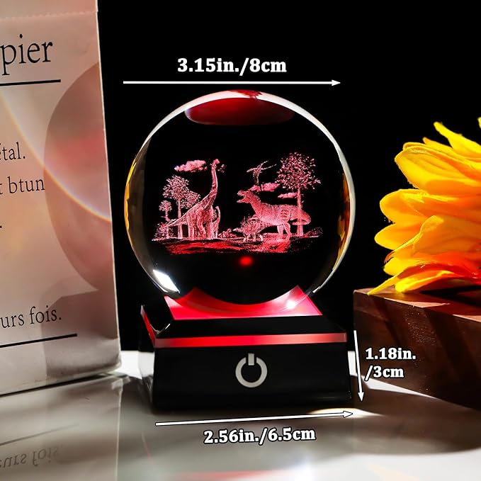 Arikyrist 3D Crystal Ball Dinosaur Figurine with Colorful Light Base, Dinosaur Gifts for Women Men Dinosaur Lovers on Christmas Birthday, Glass Dinosaur Statue Decorative Ball for Home Office