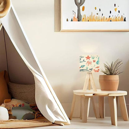 Tripod Table Lamp Ocean Animals Fish Modern Bedside Dimmable Desk lamp Wooden Base Fabric Lampshade for Kids Room, Nursery, Bedroom, Living Room