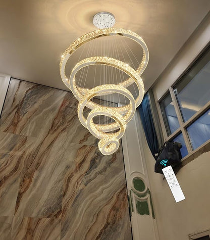 Modern High Ceiling Crystal Chandelier 90W Dimmable LED Chandeliers with Remote Luxury Height Adjustable Large Lighting Fixtures for Living Room Staircase Foyer Silver