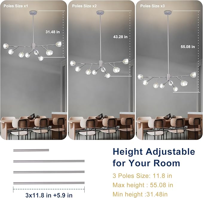 Depuley Modern Chrome Sputnik Chandelier: 9-Light Crystal Glass Chandelier for Dining Room - Kitchen Table Light Fixture Mid Century Hanging Lamp Height Adjustable for Foyer (Included G9 Bulbs)