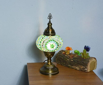 Turkish Mosaic Table Lamp with Bulb – Light Green Handmade Stained Glass Bedside Light, Authentic Turkish Boho Vintage Home Decor with E12 Socket