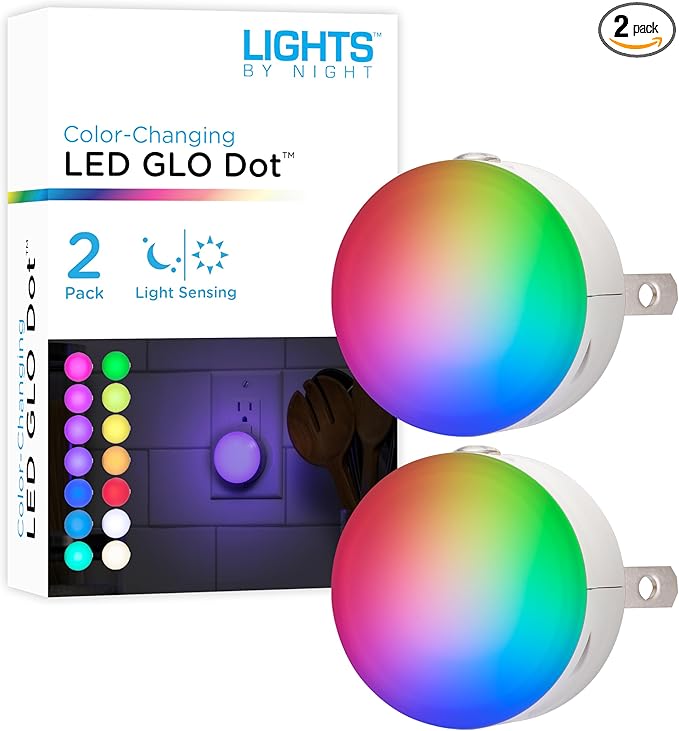 Lights by Night Color Changing Mini LED Night Light, Plug-in, Dusk to Dawn Sensor, Compact, 3 Modes, Ambient Lighting, for Kids or Adults, Bedroom, Bathroom, Nursery, Hallway, 2 Pack, 73683