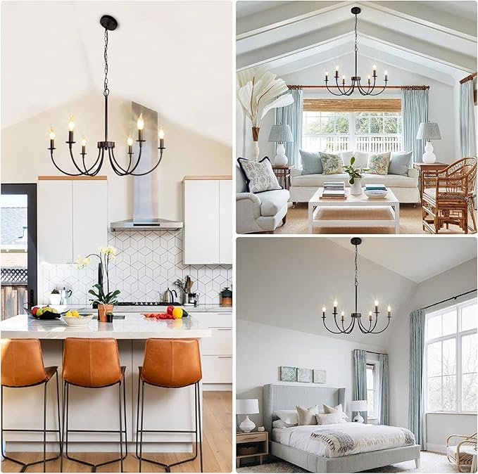 6-Light Farmhouse Chandelier, Black Chandeliers for Dining Room Lighting Fixtures Hanging, Classic Candle Ceiling Modern Chandeliers for Living Room, Foyer, Kitchen Island