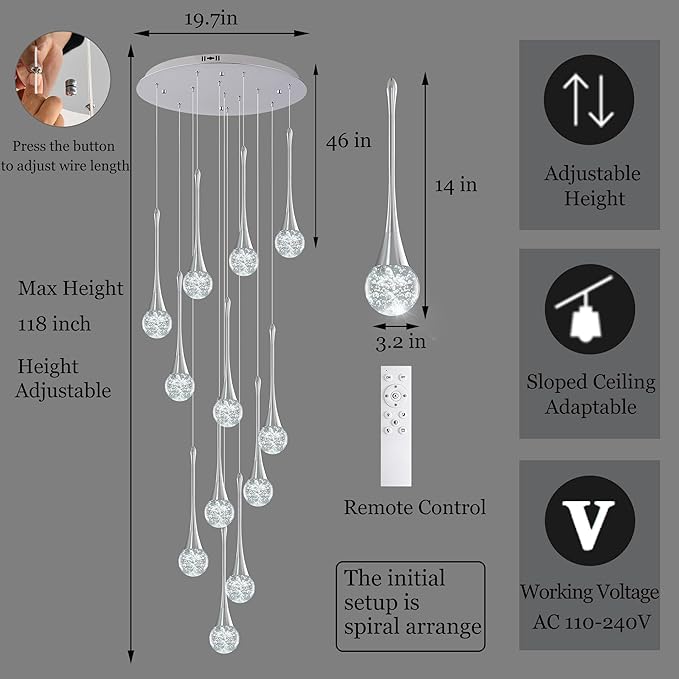 Modern Chrome Crystal Chandelier for High Ceiling 12-Lights, 120 Inches Luxury Spiral Dimmable LED Bubble Raindrop Pendant Lighting Fixture for Staircase Foyer Entryway Living Room