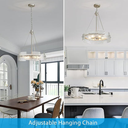 XINGQI Modern Farmhouse Chandelier 6-Light Silver Glass Drum Chandeliers 19.7" Height Adjustable Water Ripple Rustic Pendant Lighting Fixture for Dining Room Living Room Kitchen Island