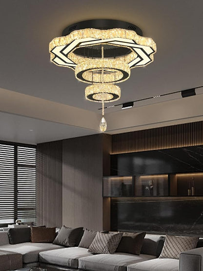 Flashing God Modern Crystal Chandeliers Dia 24" Black Chandelier Flush Mount Ceiling Light for Bedroom Living Room Dining Room Hallway Dimmable 3 Rings LED Celing Lighting Fixtures