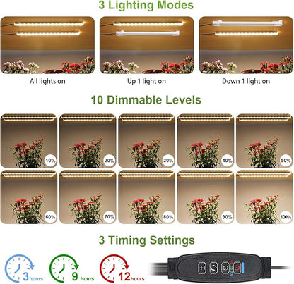 8.6'' LED Grow Light Strips, Full Spectrum 3500K Grow Lights for Indoor Plants, 2 Head with 3/9/12H Timer, 10 Dimmable Levels, Suitable for Seedling, Succulent, Plant Shelf and Greenhouse, 1-Pack