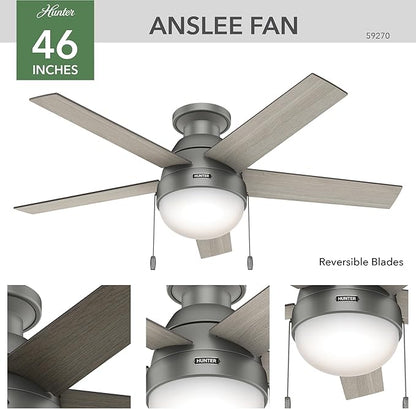 Hunter 46 inch Indoor Ceiling Fan with LED Light - Ceiling Fan with Pull Chain, For Bedroom, Living Room, or Kitchen, Low Profile Mount, No Remote, 5 Blades - Anslee 59270, Matte Silver