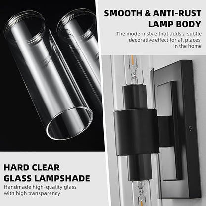 19" Modern Wall Sconce,2-Light Bathroom Vanity Light,Glass Tube Indoor Wall Sconce,Black Wall Light Wall Lamp for Bedroom, Mirror,Washroom, Hallway Hardwired Sconces Wall Lighting,E26 Base