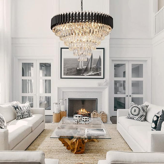AXILIXI Black and Gold Crystal Chandeliers 30” Modern Dining Room Chandelier Round 6 Tiers K9 Crystal Large Pendant Light Fixtures for Entryway Foyer Stairwell Living Room