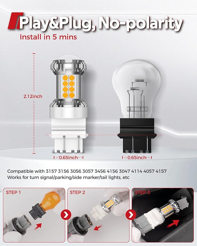 Torchbeam 3157 LED Bulbs Amber with External Resistor for Turn Signal Lights, 600% Brighter 3156 3056 3356 3057 4157 3457 4156 with HD projector for Blinker Side Marker Parking Lights, 3030 38-SMD