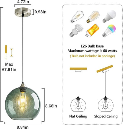 Gray Green Glass Pendant Lights Kitchen Island Lighting Globe Pendant Light Fixtures Modern Pendant Lighting for Kitchen Island Bedroom Living Dining Room Light Fixture(9.84in, 2-Pack)