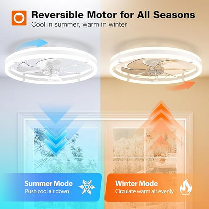 addlon 24'' Ceiling Fans with Lights and Remote, Low Profile Flush Mount Ceiling Fan with Light, 3000-6000K Dimmable LED Fandelier, Modern Small White Ceiling Fan for Bedroom, Kitchen, Living Room