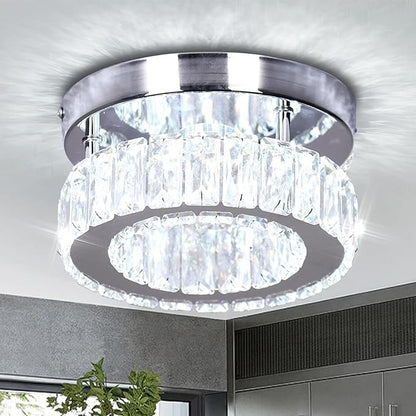 Modern Mini Crystal Chandelier LED Small Flush Mount Round Ceiling Light K9 Crystal Ceiling Lamp for Hallway Foyer Kitchen Bedroom (Cool White)