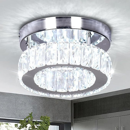 Modern Mini Crystal Chandelier LED Small Flush Mount Round Ceiling Light K9 Crystal Ceiling Lamp for Hallway Foyer Kitchen Bedroom (Cool White)