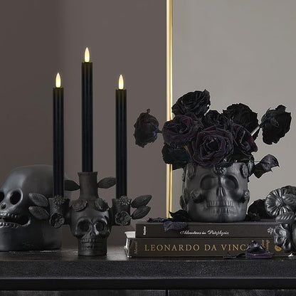GenSwin Black Flameless Taper Candles with Remote, Halloween Flameless Candles Battery Operated, LED Halloween Candlesticks with 3D Wick for Home Decor(Set of 3, 0.78” x 9.6”)