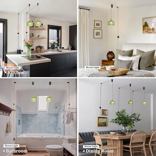 Shenmoyl Plug in Pendant Light Hanging Light Fixture Corded On/Off Switch Brass Pendant Light with Green Striped Glass Lampshade for Bedroom Living Room Kitchen Island