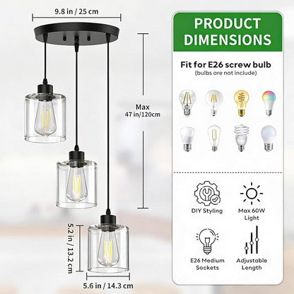 3 Light Pendant Lighting, Farmhouse Hanging Light Fixture for Kitchen Island & Dining Room, Industrial Vintage Ceiling Lamp with E26 Base, Adjustable Height, with Clear Glass 4.7" Shades