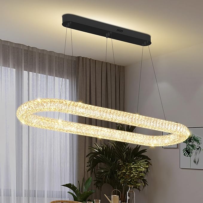 LED Crystal Ring Chandelier, 47.2'' Black Crystal Ring Pendant Light for Kitchen Island Modern Linear Oval Chandeliers for Dining Room Dimmable 3000K-6000K