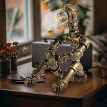 Steampunk Decor Table Lamp for Men Unique Creative Robot Style Desk Lamp,Vintage Industrial Metal Pipe Water Pipe Light, Home Decor Ideal for Bedrooms,Study. (Bronze C)
