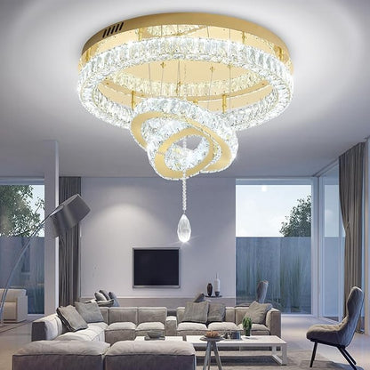 Flashing God Dia 32'' Modern Chandeliers for Living Room Crystal Flush Mount Ceiling Chandelier Large Chandeliers for Dining Room Bedroom LED Dimmable 3000-6000K Gold