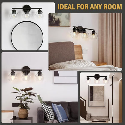 3 Light Bathroom Vanity Light, Black Vanity Light with Globe Glass Shades, Farmhouse Bathroom Light Fixtures Over Mirror, Modern Wall Lights for Bedroom Hallway, E26 Socket